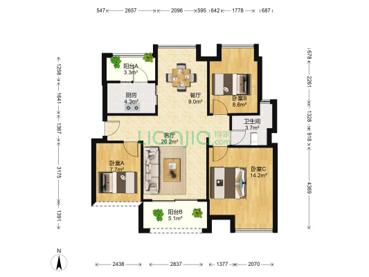 万达华府 3室2厅1卫 90平方