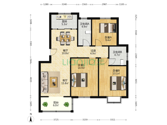 十八里苑 3室2厅2卫 131平方
