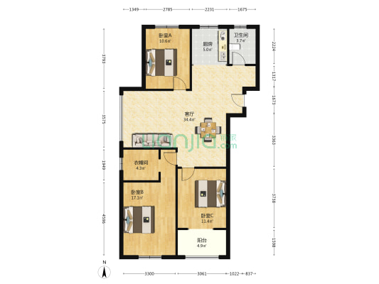 书香苑 3室1厅1卫 127平方