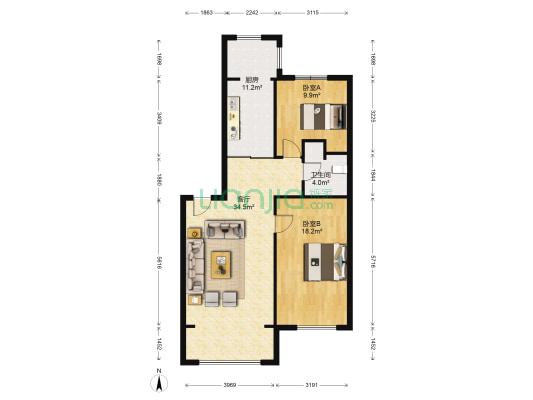 钻石湾地中海阳光 2室1厅1卫 114平方
