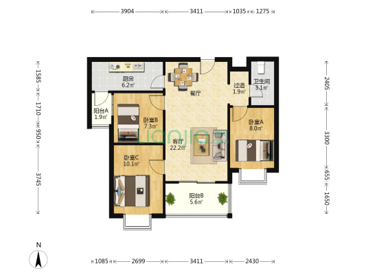 万科翡翠滨江三期 3室1厅1卫 91平方