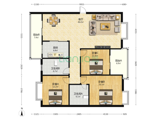 民航公寓 3室1厅2卫 143平方