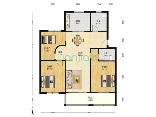 江南花园 3室1厅2卫 126平方