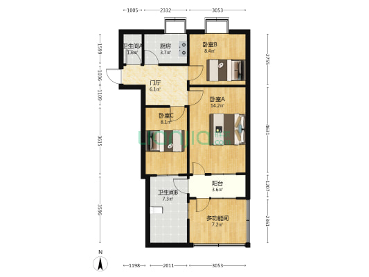 展览路25号公交院 4室0厅2卫 53平方
