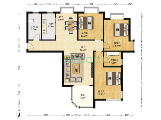 寿山棕榈泉 3室2厅1卫 140平方