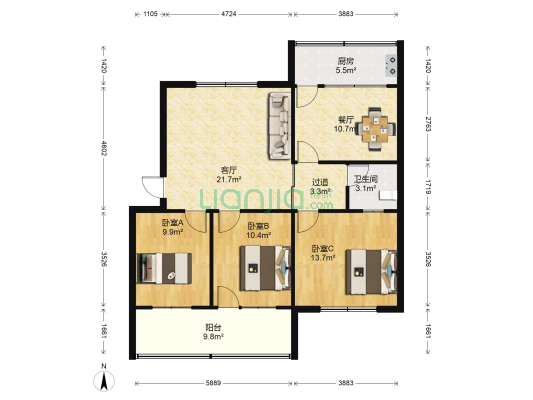 公路局宿舍 3室2厅1卫 109平方