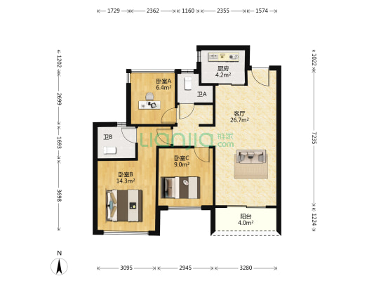 源翠府 3室1厅2卫 89平方