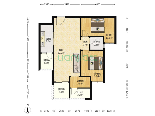 荣安林语春风A区 2室1厅1卫 92平方