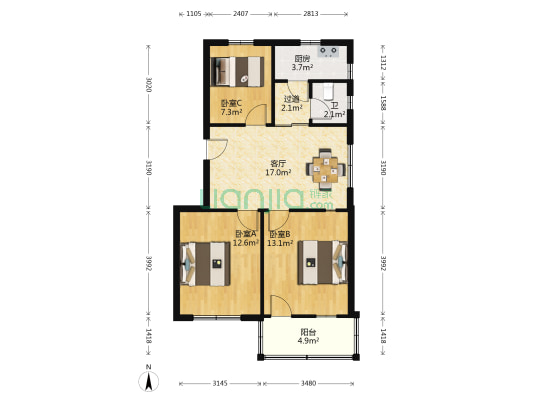 姚港坝10号 3室1厅1卫 81平方