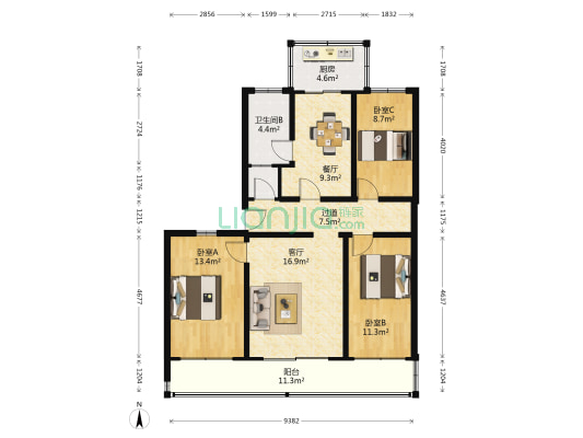 红旗里 3室2厅2卫 106平方