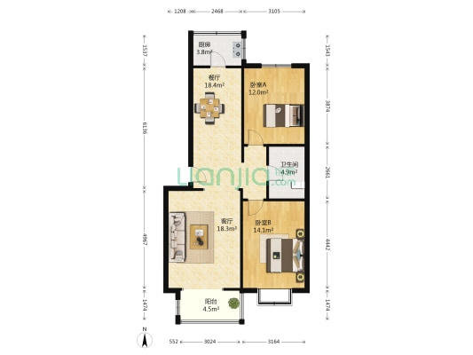 新天地小区 2室2厅1卫 95平方