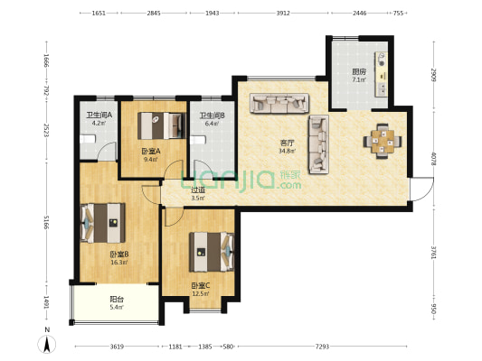 盛世華城 3室1厅2卫 137平方