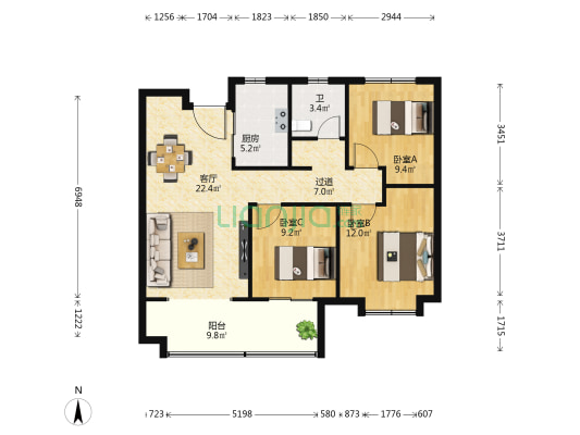 万科翡翠书院C区 3室1厅1卫 108平方
