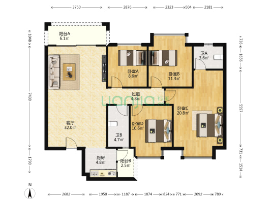 明汇苑二期 4室1厅2卫 108平方