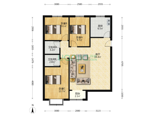：房本满二 视野好，南北通透采光好-户型图