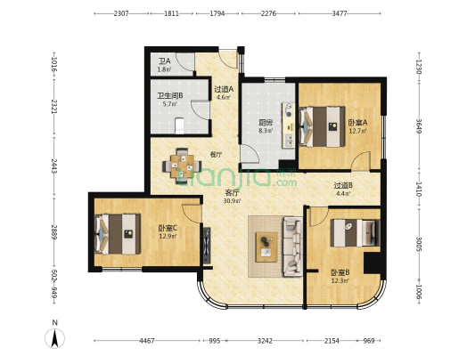 德胜大厦 3室1厅2卫 142平方