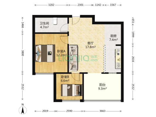 盟科涵舍 2室1厅1卫 77平方