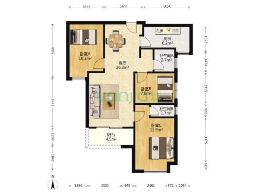 美好长江首玺K3 3室1厅2卫 95平方