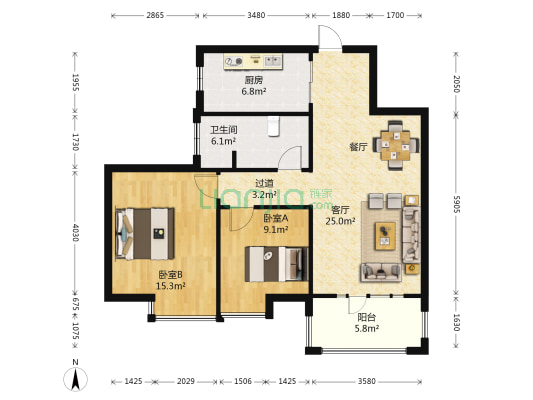 龙湖湾 2室1厅1卫 88平方