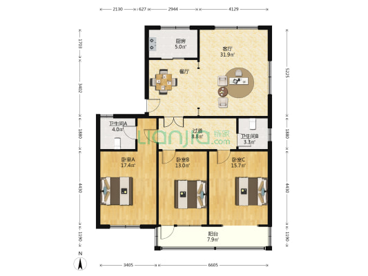 连新路18号 3室1厅2卫 129平方