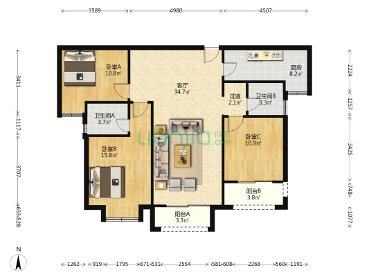 浩创梧桐郡A区 3室1厅2卫 128平方