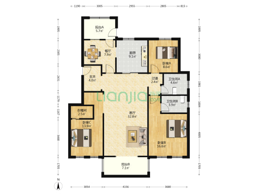 旭辉朗香郡 3室2厅2卫 141平方