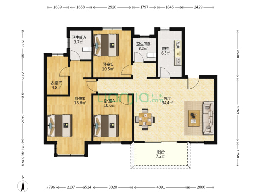 岸芷汀兰花园 3室1厅2卫 122平方