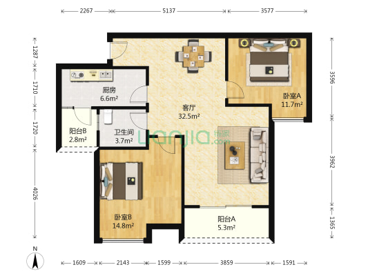 北城阳光 2室1厅1卫 88平方