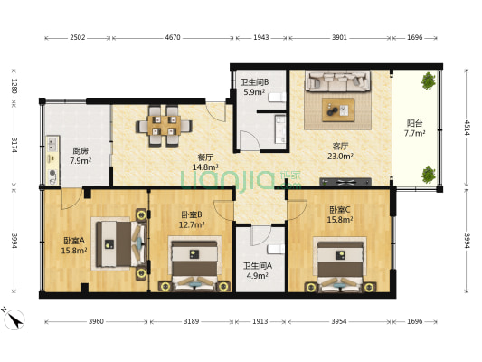 锦阳阁 3室2厅2卫 136平方