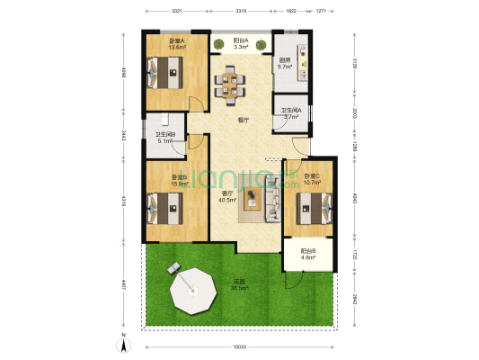 公园世家B区 3室1厅2卫 133平方