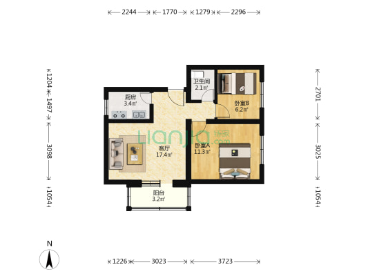老山西街27号院 2室1厅1卫 57平方