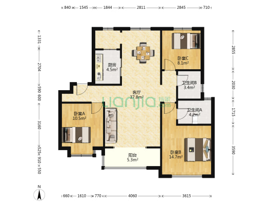亿馨园 3室1厅2卫 115平方