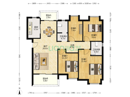 世茂云锦瑰海园 4室1厅2卫 134平方