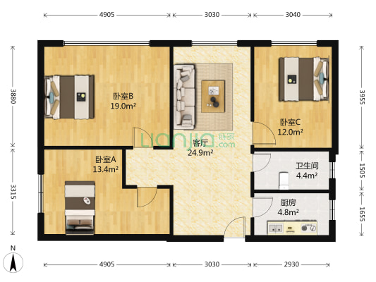 橄榄谷 3室1厅1卫 100平方