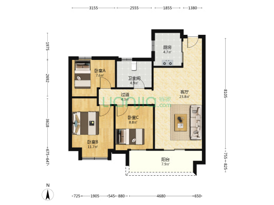 太白湖畔D区 3室1厅1卫 128平方
