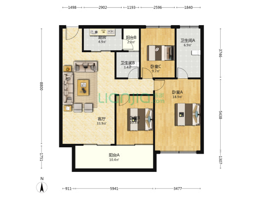 大唐京华园 3室1厅2卫 125平方