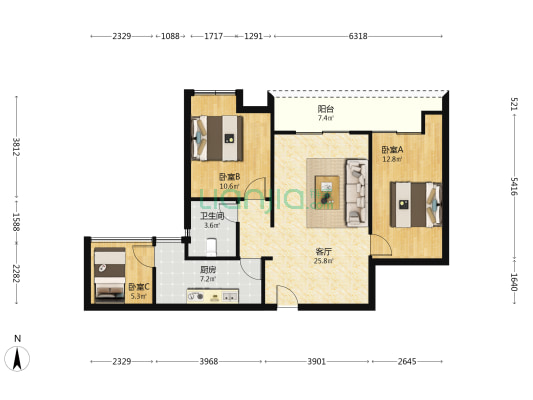 誉领轩 3室1厅1卫 84平方