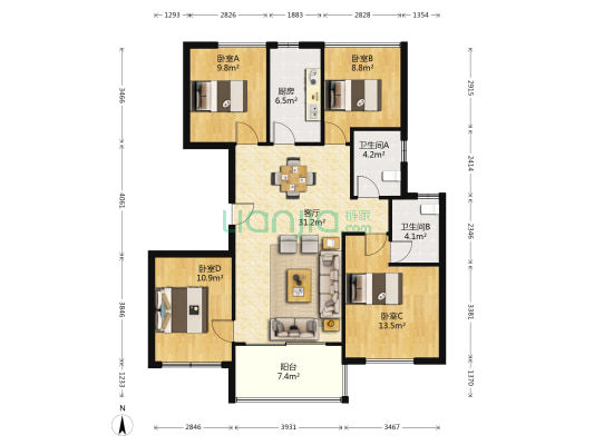 中海上贤府 4室1厅2卫 120平方