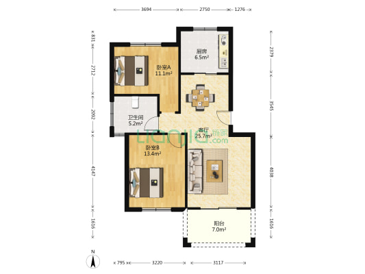梓树花苑 2室1厅1卫 81平方