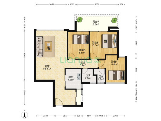 凯德天伦世嘉 3室1厅2卫 90平方