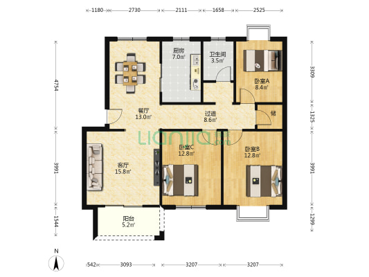 福泉花园 3室2厅1卫 107平方
