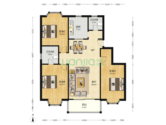 申圃花园 3室1厅2卫 125平方