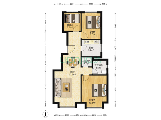 万科翡翠公园 3室1厅2卫 89平方