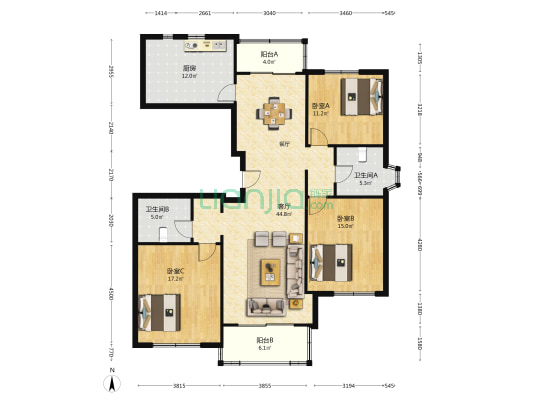 虹景家苑 3室1厅2卫 154平方