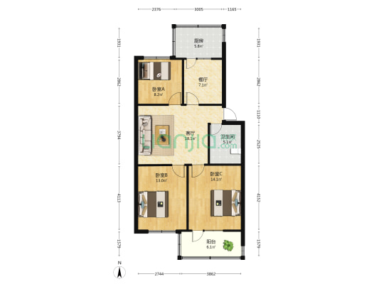 前百家小区 3室2厅1卫 90平方