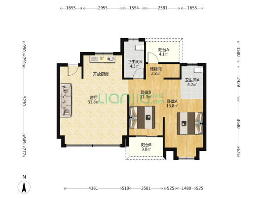 宝龙雅戈尔江汇城 2室1厅2卫 98平方