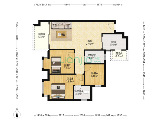 融创清溪壹号 3室1厅2卫 95平方