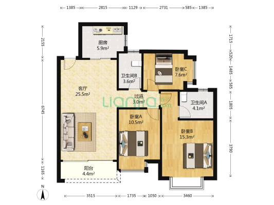 恒大御湖郡 3室1厅2卫 106平方