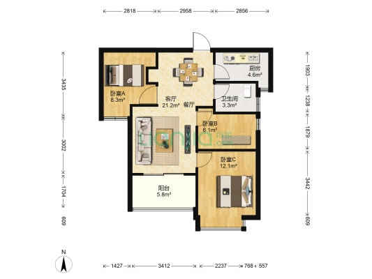 阳光城西海岸A区 3室1厅1卫 78平方