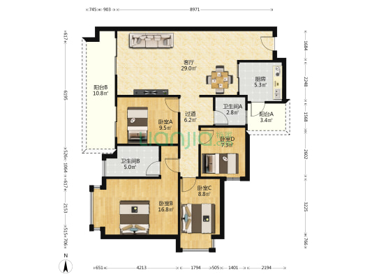 新世纪颐龙轩 4室1厅2卫 125平方